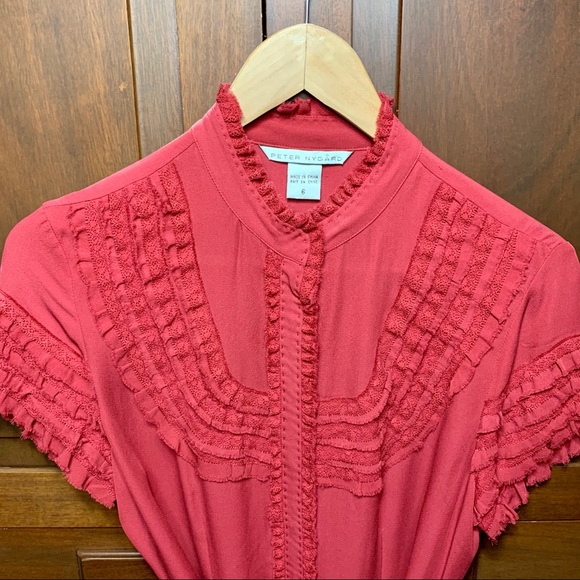 Peter Nygard red silk button belted ruffle shirt 6 - Picture 2 of 9